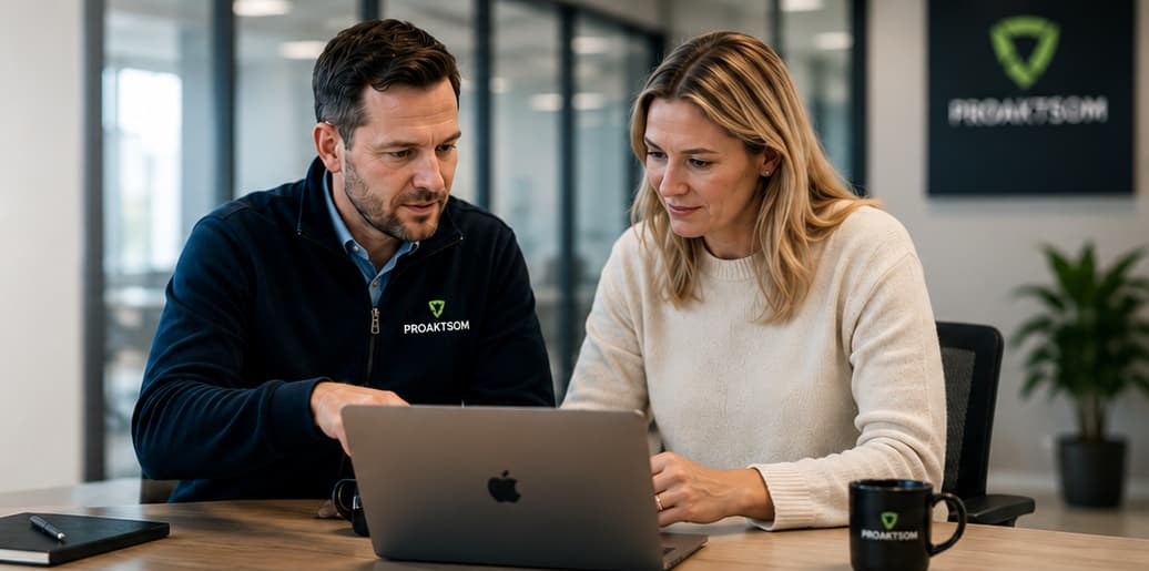 To kolleger går gjennom aktsomhetsarbeid sammen foran en laptop